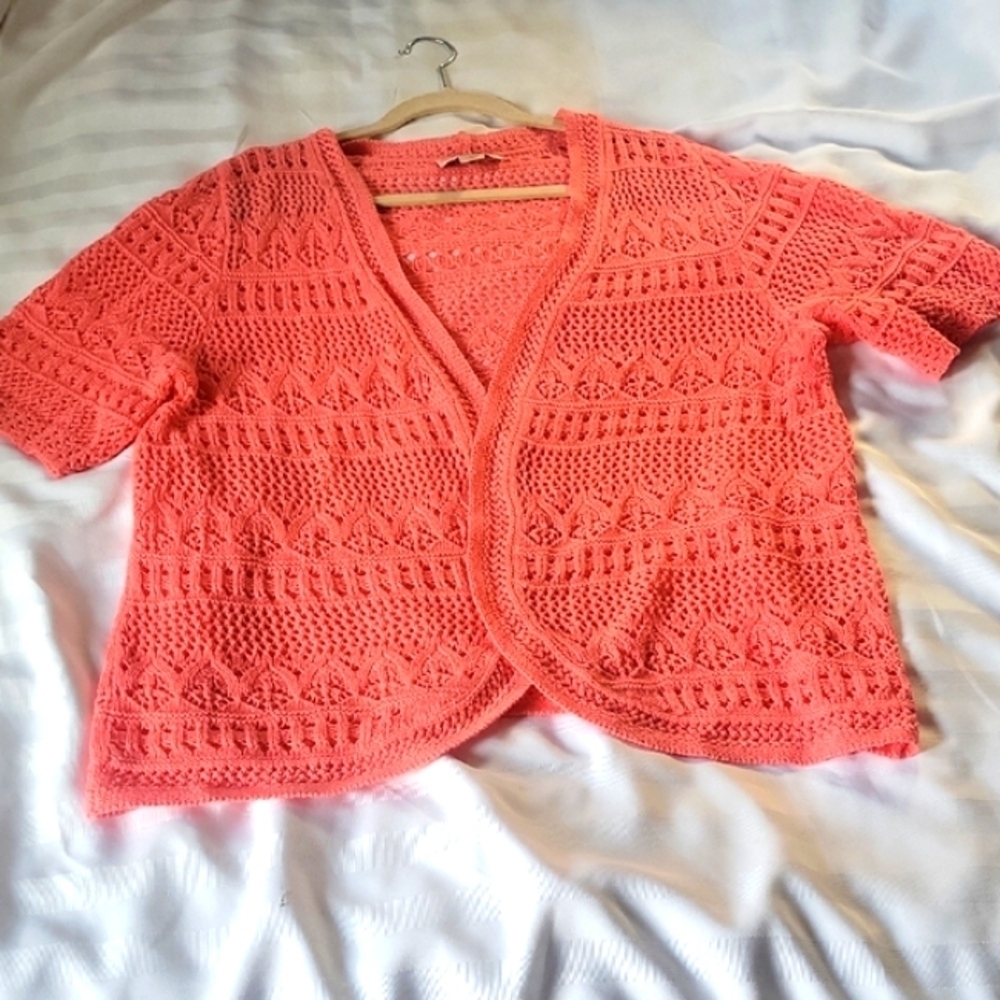 Christopher & Banks Salmon Open Front Short Sleeve Sweater, Size: XL